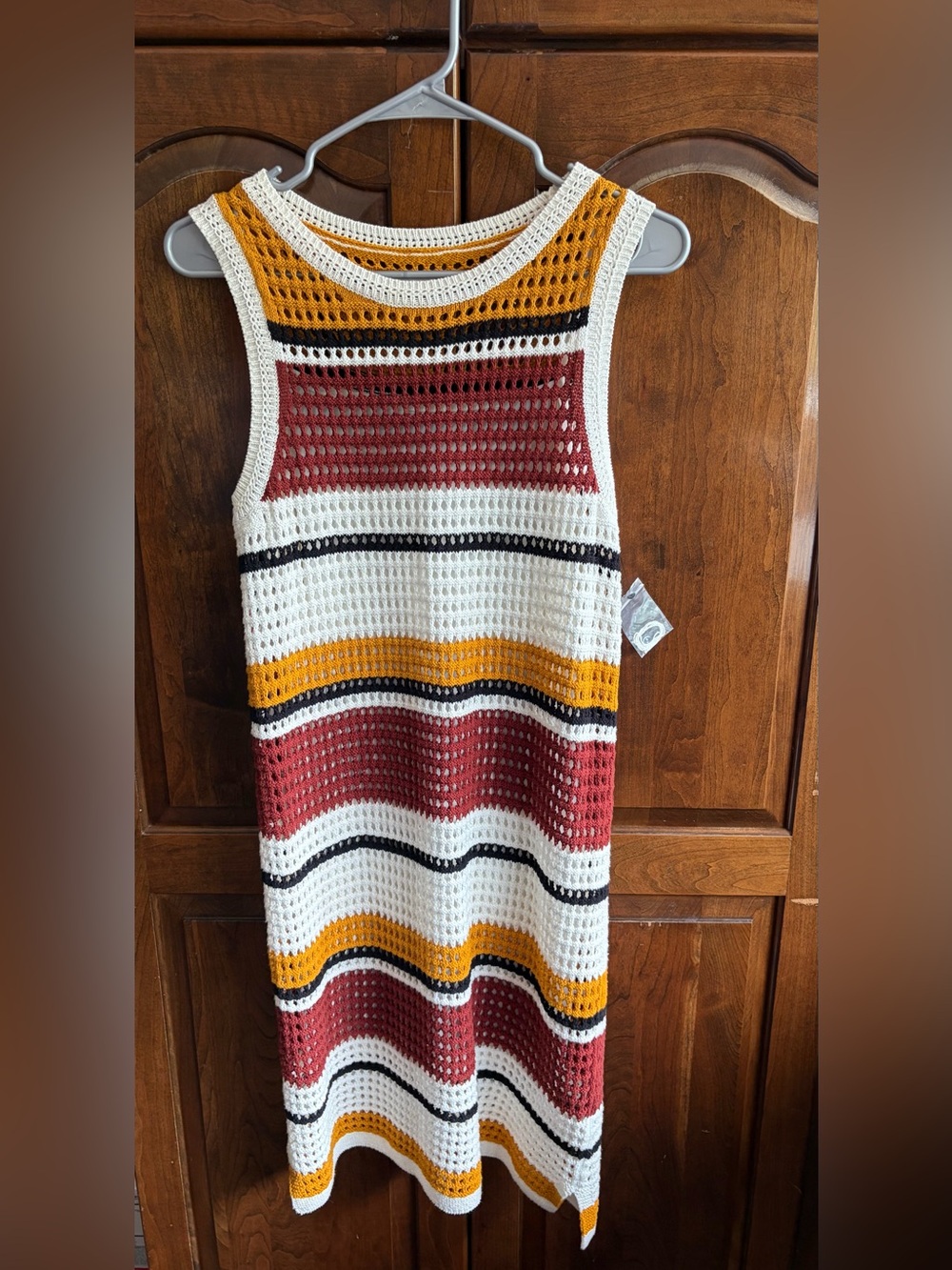 Nine West Open-Knit Striped Midi Dress in White, Burgundy & Mustard